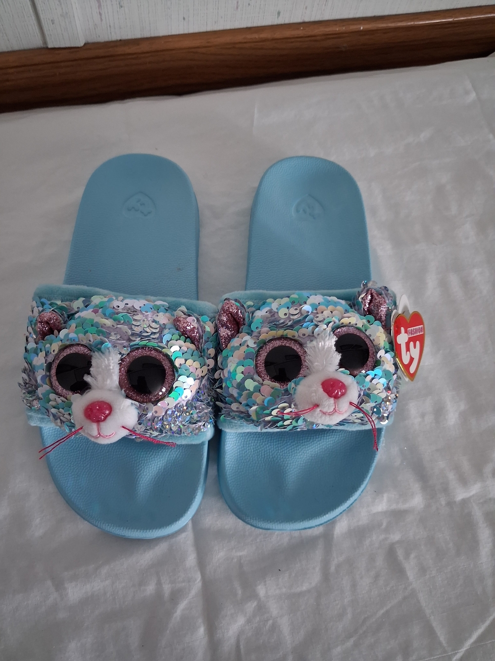 Ty Light Blue Sequin Cat Slide Sandals